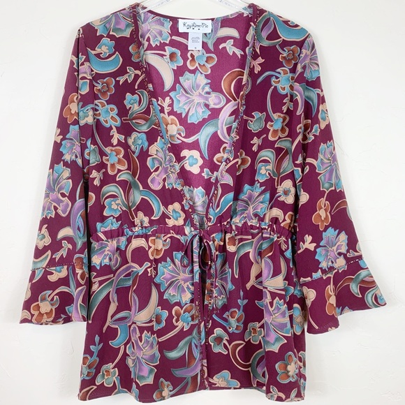 KEY LIME PIE Wine Floral Beads Linen Boho Kimono S - Picture 1 of 8